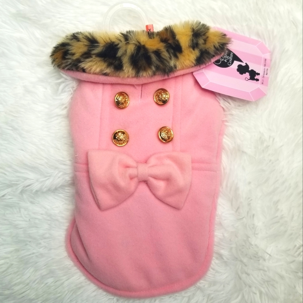 Coco Lane Couture Faux Fur Leopard Printed Collar Doggy Coat with Gold Buttons